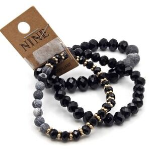 Set of Three New Crackle Black Agate and Faceted Glass Beaded Stretch Bracelets